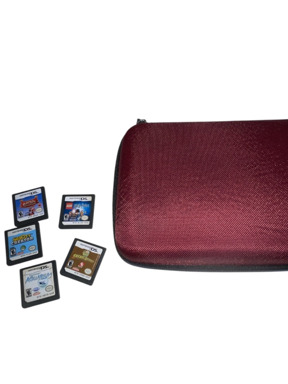 Nintendo DS Red Maroon Hard Travel Carrying Case With 5 Games Lot